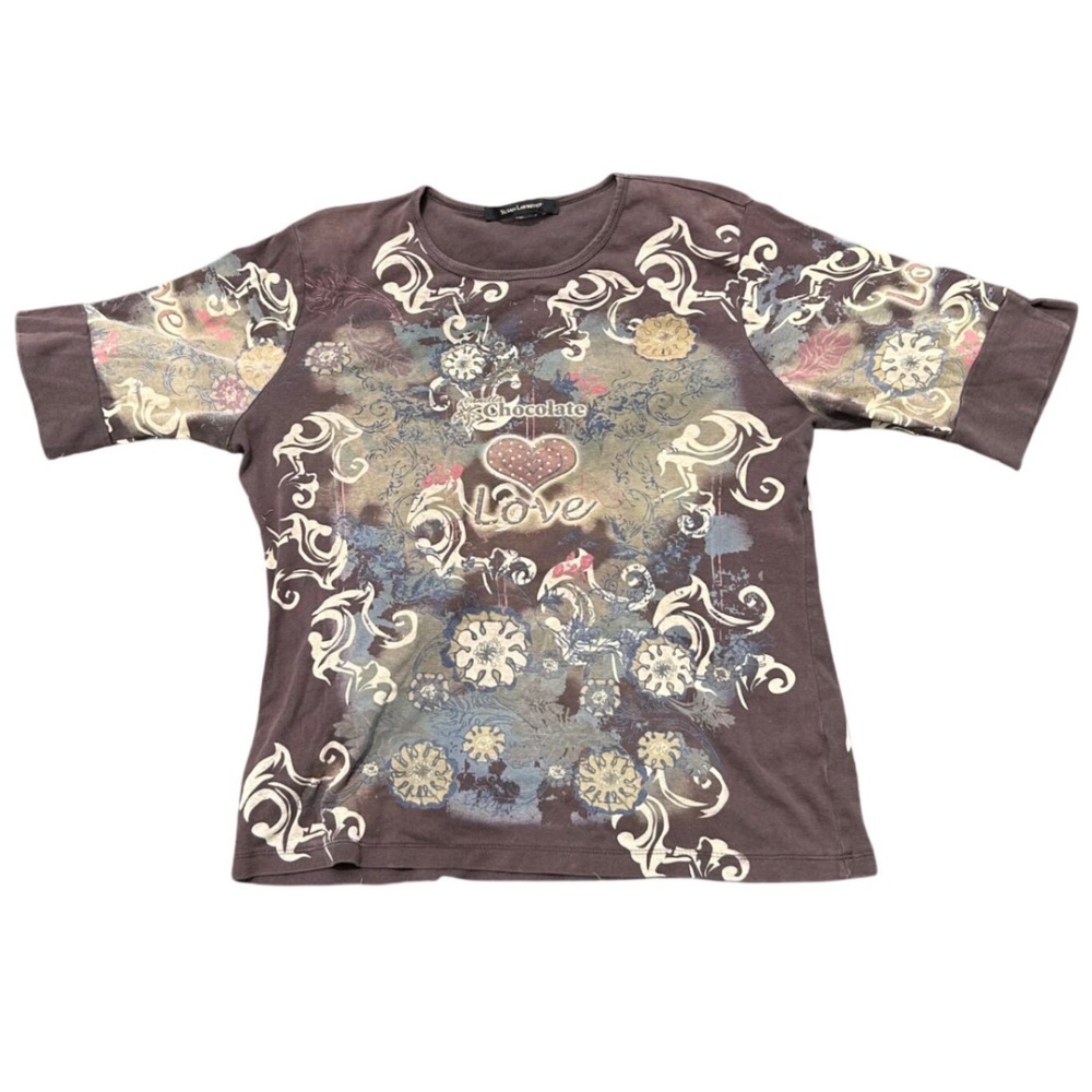 Susan Lawrence Brown Y2K Graphic Print Heart Rhinestone Short Sleeve Top